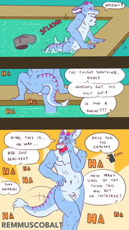 anthro balls embarrassed embarrassing_nudity exhibitionism exposed foreskin genitals group humiliation male male/male nude outside penis penis_humiliation small_penis small_penis_humiliation text wet remmus_cobalt mythology canid canine dragon fennec_fox fox hybrid mammal mythological_creature mythological_scalie scalie true_fox 4k 9:16 absurd_res comic english_text hi_res portrait