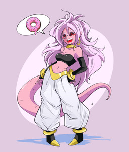 bottomwear breasts clothing dessert doughnut female fingers food footwear hair humanoid_pointy_ears long_hair navel not_furry open_mouth pants pastry pink_body pink_skin pointy_ears red_eyes simple_background solo speech_bubble teeth delux dragon_ball dragon_ball_fighterz android_21 majin_android_21 alien alien_humanoid humanoid 2021 absurd_res hi_res pictographics