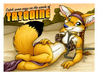 anthro black_nose border breasts brown_hair chain clothed clothing collar costume desert dipstick_tail ear_piercing ear_ring female food fur green_eyes hair looking_at_viewer markings midriff multicolored_tail navel outside piercing pose ring_piercing slave slave_leia_costume smile solo tail tail_markings white_border yellow_body yellow_fur michele_light star_wars leia_organa canid canine fennec_fox fox mammal true_fox 2016 low_res signature traditional_media_(artwork)