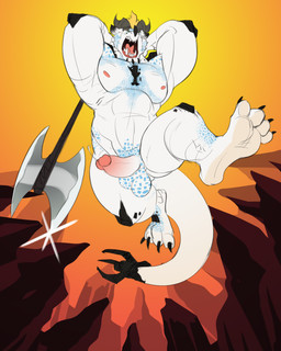 4_toes abs anthro axe balls battle_axe biped blonde_hair digitigrade double_bitted_axe feet genitals hair horn humanoid_genitalia humanoid_penis jumping long_tail male melee_weapon muscular muscular_anthro muscular_male penis prehensile_tail scales solo tail toes warrior weapon white_body white_scales thewilldpink mythology nogard_krad_nox dragon mythological_creature mythological_scalie scalie absurd_res hi_res