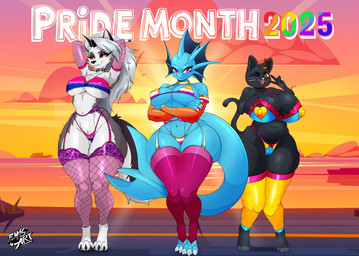 3_toes 4_toes anthro armwear bald barefoot big_breasts bikini bikini_top bisexual_pride_colors black_body black_fur blep blue_body blue_scales boat bra breasts camel_toe claws cleavage clothed clothing cloud collar crossed_arms digitigrade ear_fins ear_piercing eyelashes eyeshadow feet female fin finger_claws fishnet_armwear fishnet_clothing fishnet_legwear fluffy fluffy_tail footless_socks footwear fur gesture grey_body grey_fur group hair hand_gesture hand_on_chest hands_behind_head harness head_fin head_tuft inner_ear_fluff legwear lesbian_pride_colors lgbt_pride lingerie long_hair long_tail looking_at_viewer makeup multicolored_body multicolored_fur navel nipple_outline notched_ear occult_symbol one_eye_closed one_fang pansexual_pride_colors paws pentagram pentagram_harness piercing pink_eyes pride_color_lingerie pride_colors red_eyes red_hair scales sea skimpy sky skyscape slightly_chubby slightly_chubby_anthro slightly_chubby_female smile socks spiked_collar spikes standing stockings street sun sunset swimwear symbol tail tail_fin text thick_thighs thong toe_claws toeless_footwear toeless_socks toes tongue tongue_out trio tuft two-piece_swimsuit underwear v_sign vehicle water watercraft whiskers white_body white_fur white_hair white_sclera wide_hips wink winking_at_viewer emisart55 freedom_planet galaxytrail helluva_boss lgbt_pride_month mythology night_in_the_woods pride_month_2025 loona_(helluva_boss) mae_borowski merga aquatic_dragon canid canid_demon canine demon dragon felid feline hellhound mammal marine mythological_canine mythological_creature mythological_scalie scalie crossover hi_res
