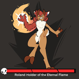 anthro brown_body brown_fur cheek_tuft chest_tuft curved_horn dewclaw_hooves elemental_manipulation eyes_closed facial_tuft fire fire_manipulation fur gameplay_mechanics grey_background grin gui hair health_bar hooves horn male red_hair sharp_teeth simple_background smile solo teeth text tuft white_body white_fur xing1 bovid caprine deer mammal new_world_deer white-tailed_deer 1:1 english_text hi_res