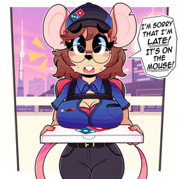anthro belt big_breasts big_ears bodily_fluids bottomwear box breasts buckteeth cleavage clothed clothed_anthro clothed_female clothing container delivery_(commerce) delivery_employee dialogue eyewear female food_delivery front_view fur glasses notched_ear pants pizza_box pizza_delivery round_glasses shirt solo sweat tail tan_body tan_fur teeth text topwear unbuttoned_shirt wearing_glasses whiskers wireless_shiba domino's_pizza mammal mouse murid murine rodent 1:1 2026 absurd_res english_text hi_res