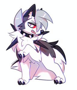 alternate_species ambiguous_gender black_body black_fur black_nose black_tail cheek_tuft chest_tuft collar facial_tuft fangs feral fur grey_hair hair open_mouth red_sclera simple_background solo spiked_collar spikes tail teeth tuft white_background white_body white_fur white_tail yellow_eyes bloominglynx helluva_boss nintendo pokemon loona_(helluva_boss) generation_7_pokemon lycanroc pokemon_(species) absurd_res alternate_version_at_source hi_res signature female_(lore)
