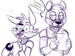 animatronic anthro bear bow_(feature) bow_tie canid canine comic duo eye_patch eyewear five_nights_at_freddy's fox foxy_(fnaf) freddy_(fnaf) hook machine mammal monochrome robot scottgames shocked simple_background sketch toy-bonnie white_background