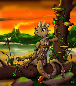 anthro bracelet clothing female gloves green_eyes handwear jewelry outside rear_view solo sunset tail tattoo tribal volcano cjb arthropod dinosaur dragonfly insect ornithischian prehistoric_species reptile scalie stegosaurian stegosaurus thyreophoran