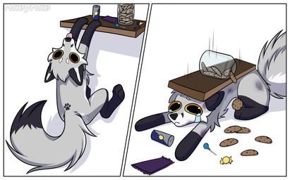 anthro black_body black_fur border cookie food fur grey_body grey_fur male sad solo white_border yellow_eyes miavumav danya_(miavumav) canid canine canis jackal mammal hi_res