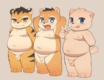 anthro balls black_body black_fur countershading embarrassed flaccid foreskin fur genitals group humanoid_genitalia humanoid_penis looking_at_viewer male nude orange_body orange_fur overweight overweight_male penis standing tan_body tan_fur trio yellow_body yellow_fur young young_anthro moki_(artist) moki_(moki) domestic_cat felid feline felis mammal pantherine tiger