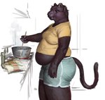 anthro appliance bag belly belly_overhang belly_peeking_out big_belly black_body black_fur bottomwear breasts clothed clothing cooking fangs female food fur holding_object holding_tool holding_utensil inside kitchen kitchen_utensils medium_breasts melanistic midriff overweight overweight_anthro overweight_female pants shirt shorts side_view sketch_background solo standing stove tail teeth tools topwear undersized_clothing undersized_topwear cettus serafina_(cettus) felid mammal pantherine 2023 hi_res sketch