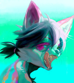 abstract_background accessory ahoge ambiguous_anthro ambiguous_gender anthro black_hair cheek_tuft eyelashes facial_tuft hair hair_accessory hair_tie licking_teeth looking_at_viewer looking_back mouth_shot open_mouth purple_eyes sharp_teeth solo teeth tuft whiskers mighty-whydah felid feline mammal serval 2020 digital_media_(artwork) digital_painting_(artwork) painting_(artwork) portrait