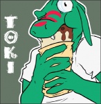 anthro border burrito clothing eating fangs food green_body grey_border humor looking_at_viewer male open_mouth simple_background solo stripes teeth trashdogeking toki_(character) lizard reptile scalie 2011 cel_shading low_res shaded