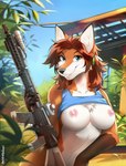 2023 anthro ar-15 big_breasts biped black_nose bottomless breasts canid canine chest_tuft clothed clothing day detailed_background digital_media_(artwork) dipstick_ears ear_markings ear_piercing ear_ring exposed_breasts eyebrows eyelashes female flashing flashing_breasts fox fur gloves_(marking) gun hair happy hi_res hihikori holding_gun holding_object holding_ranged_weapon holding_weapon looking_at_viewer mammal markings multicolored_ears nipples orange_body orange_fur outside piercing plant raised_clothing raised_shirt raised_topwear ranged_weapon red_fox ring_piercing samantha_(syronck01) shirt shirt_only signature smile solo t-shirt t-shirt_only topwear topwear_only tree true_fox tuft weapon white_body white_fur