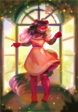 accessory anthro backlighting barefoot belt blush bow_ribbon breasts bright_background cleavage clothed clothed_female clothing dancing dress exposed_shoulder eyes_closed feet female fully_clothed fully_clothed_female fur gradient_hair hair hair_accessory hair_bow hair_ribbon heart_(marking) heart_symbol inside light long_hair markings movement open_mouth open_window ribbons shimmering smile solo sparkles spinning standing tail teeth toes tongue twirling twirling_tail wavy_hair window vird ruby_raccoon mammal procyonid raccoon 2025 chromatic_aberration digital_media_(artwork) full-length_portrait hi_res lighting portrait signature watermark