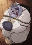 3_eyes anthro arms_tied blush bound captured clothing fur gag gagged grey_body grey_fur legs_tied male multi_eye necktie solo suit othukimi lifewonders tokyo_afterschool_summoners tsathoggua_(tas) hi_res