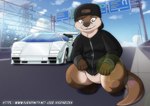 2024 anthro brown_eyes brown_hair car clothing crouching featureless_crotch fur hair hat headgear headwear hi_res highway jacket lamborghini lamborghini_countach male mammal multicolored_body multicolored_fur mustelid otter road ronnie_lancer sign solo text topwear two_tone_body two_tone_fur vehicle xxsparcoxx