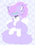 4_ears anthro big_tail checkered checkered_background chibi collar collar_only female floating fur green_eyes long_tail multi_ear nude pattern_background purple_body purple_fur simple_background solo tail text white_body white_fur wayletuwu waylet_(wayletuwu) domestic_cat felid feline felis mammal 2024 russian_text translated