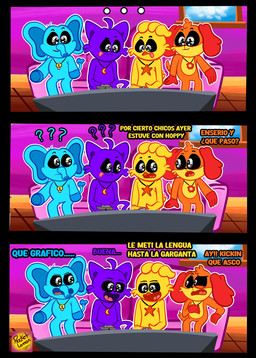anthro blue_body group male orange_body purple_body smile text yellow_body rocketlennon mob_entertainment poppy_playtime smiling_critters bubba_bubbaphant catnap_(poppy_playtime) dogday_(poppy_playtime) kickinchicken avian bird canid canine canis chicken domestic_cat domestic_dog elephant elephantid felid feline felis galliform mammal phasianid proboscidean absurd_res comic hi_res spanish_text