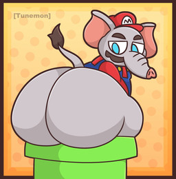 anthro big_butt butt clothing facial_hair hat headgear headwear looking_back male mustache overalls pipe solo tunemon mario_bros nintendo super_mario_bros_wonder elephant_mario mario elephant elephantid mammal proboscidean digital_media_(artwork) hi_res
