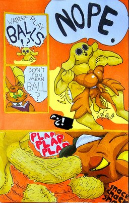 anthro balls butt dialogue duo exclamation_point fellatio genitals held_by_waist held_up male male/male muscular muscular_male oral penile penis plap question_mark rough_sex sex size_difference sound_effects text vein veiny_penis marthan_crowl_(artist) chikn_nuggit chikn_nuggit_(chikn_nuggit) onyn_ring_(chikn_nuggit) bat canid canine mammal absurd_res comic english_text hi_res