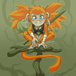 anthro barefoot blue_eyes bottomless butt clothed clothing crouching ear_piercing feet fur hair jewelry looking_at_viewer navel necklace piercing plantigrade solo toes scottyartz kailee_(character) ape haplorhine mammal monkey primate 1:1