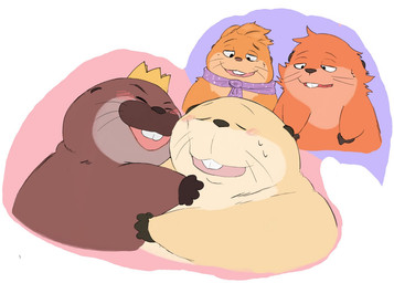 anthro blush brown_body crown eyes_closed group headgear hug king royalty scarf slightly_chubby sushikorourcon disney hoppers_(disney) pixar jerry_generazzo king_george_(hoppers) loaf_(hoppers) mabel_tanaka beaver mammal rodent 2026
