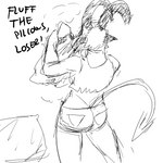 1:1 anthro bottomwear bovid caprine caprine_demon cleaning clothed clothing crop_top demon dialogue female fully_clothed goat_demon hi_res hladilnik horn insult lucy_(hladilnik) mammal monochrome pillow shirt shorts solo spade_tail tail tight_bottomwear tight_clothing topwear