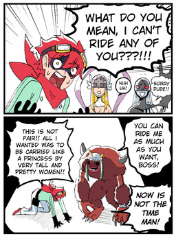 anthro blonde_hair border brown_body brown_fur dialogue eyewear eyewear_on_head female fur goggles goggles_on_head group hair humor male scarf text white_border wanderjegson bandai_namco digimon digimon_story:_time_stranger dan_yuki_(digimon) angewomon digimon_(species) human humanoid ladydevimon mammal wendigomon comic english_text hi_res