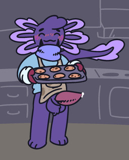 animal_genitalia anthro appliance apron balls big_balls big_penis blue_clothing blue_shirt blue_topwear blush blush_lines bodily_fluids bottomless casual_erection clothed clothing cookie erection eyes_closed food front_view genital_fluids genitals handwear happy head_tuft kitchen kitchen_appliance long_tail looking_at_viewer male oven oven_mitts penis precum purple_body sheath sheathed_tapering_penis shirt solo tail tapering_penis topwear topwear_only tray tuft gandergeist amphibian aquatic axolotl mole_salamander salamander aliasing digital_media_(artwork) hi_res