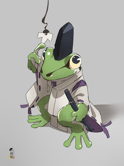 3_fingers 3_toes ambiguous_gender anthro asian_clothing biped cjk_character clothed clothed_anthro clothing crouching east_asian_clothing eboshi feet fingers green_body green_skin headgear headwear holding_object japanese_clothing kariginu semi-anthro simple_background solo three-quarter_view toes kurokosyou amphibian frog 2022 3:4 digital_media_(artwork) hi_res