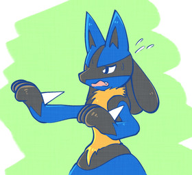 3_fingers abstract_background ambiguous_gender anthro black_inner_ear blue_body blue_ears blue_eyes blue_fur bodily_fluids chest_spike facial_markings fangs feet fingers fur gloves_(marking) green_background hand_spike head_markings markings open_mouth paws reluctant simple_background snout solo spikes spikes_(anatomy) sweat sweatdrop tan_body tan_fur teeth toes white_background white_sclera momensarada nintendo pokemon generation_4_pokemon lucario pokemon_(species) 2022 hi_res