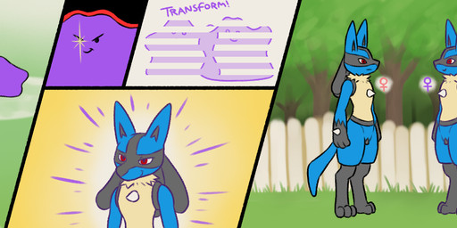 3_toes abs ambiguous_gender animal_genitalia animal_vulva anthro biped blue_body blue_fur blush bodily_fluids canine_genitalia canine_vulva cum dialogue duo egg feet female female/female female_symbol fur gender_symbol genital_fluids genitals imagination male male_symbol multicolored_body multicolored_fur muscular muscular_anthro muscular_male open_mouth red_eyes simple_background smile species_transformation speech_bubble symbol tail text thought_bubble toes transformation vulva dawnlux nintendo pokemon canid canine ditto_(pokemon) generation_1_pokemon generation_4_pokemon goo_creature lucario mammal pokemon_(species) comic digital_media_(artwork) english_text hi_res long_image wide_image