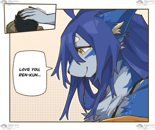 anthro black_hair blue_body blue_fur blue_hair breasts claws dialogue duo eyes_closed female female_anthro fur hair happy head_on_lap human_on_anthro i_love_you interspecies jewelry larger_anthro larger_female love male male/female male_human necklace on_lap romantic romantic_couple size_difference sleeping smaller_human smaller_male smile text rekidesu mythology ren_(rekidesu) tsukiko_(rekidesu) canid canine canis human mammal mythological_canine mythological_creature werecanid werecanine werecreature werewolf wolf english_text hi_res