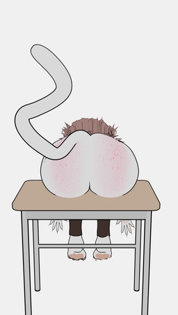 5_fingers ambiguous_gender anthro arms_bent ass_up barefoot bent_leg bent_legs bent_over bent_over_table big_butt blush blushing_butt body_blush brown_body brown_clothing brown_eyes brown_fur brown_hair bubble_butt butt butt_blush butt_focus cat_tail cheek_tuft chest_tuft claws clothing curvy_figure desk facial_tuft feet femboy fingers fluffy fluffy_ears fluffy_hair fluffy_tail foot_fetish freckled_butt freckles fur furniture grey_background grey_body grey_fur grey_hair hair half_naked hourglass_figure legwear long_hair long_tail looking_down male multicolored_body multicolored_fur multicolored_hair multicolored_skin nude pawpads paws pink_body pink_hair pose presenting presenting_hindquarters reaching rear_focus rear_view simple_background simple_coloring sitting solo straight_hair stretching table tail thick_tail thick_thighs thigh_gap thigh_highs toe_claws toes tuft white_background white_body white_fur white_hair wide_hips qin don't_drop_the_soap vivi_(qin) domestic_cat felid feline felis hybrid mammal 3d_(artwork) absurd_res blender_(artwork) cel_shading digital_media_(artwork) hi_res shaded simple_shading
