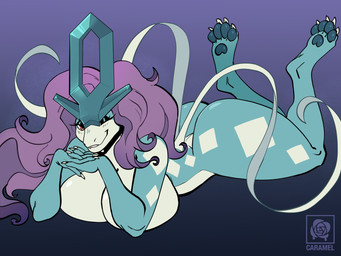 anthro anthrofied big_breasts big_butt black_eyeshadow blue_body breasts butt claws collar eyelashes eyeshadow female hair huge_breasts long_hair looking_at_viewer lying makeup nude on_front one_eye_closed pawpads pokemorph purple_hair red_eyes seductive solo toe_claws wink winking_at_viewer caramelroses nintendo pokemon generation_2_pokemon legendary_pokemon pokemon_(species) suicune 4:3