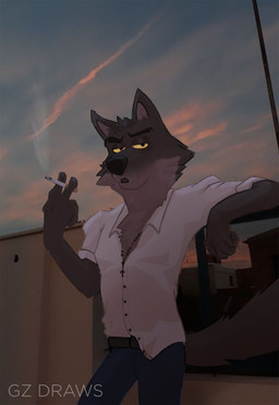 anthro cigarette clothing detailed_background fluffy fluffy_chest grey_body looking_at_viewer male male_anthro photo_background shirt smoking solo sunset topwear white_clothing white_shirt white_topwear yellow_eyes jayzac dreamworks the_bad_guys mr._wolf_(the_bad_guys) canid canine canis mammal wolf absurd_res hi_res photography_(artwork)