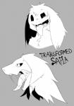 black_sclera bodily_fluids fur long_fur pupils saliva saliva_string slit_pupils smile tongue tongue_out misoden_(artist) hybrid_sapla_(character) sapla_(character) sapla_dragon_(character) unknown_species hi_res monochrome