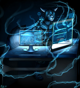 anthro belt clothed clothing electronics frown hacking hologram male monitor science_fiction solo text topless conditional_dnp ratte ailurid mammal red_panda blue_theme digital_media_(artwork) english_text hi_res