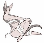 anthro breasts chest_wraps clothed clothing collar ear_piercing ear_ring female hairless holding_knee holding_leg looking_at_viewer multicolored_body piercing pose raised_leg ring_piercing simple_background skimpy solo two_tone_body white_background wraps redrabbu amunet domestic_cat felid feline felis hairless_cat mammal sphynx_(cat) 2022 digital_media_(artwork) monochrome pinup