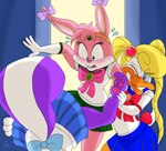 anthro ass_up barefoot blonde_hair cosplay feet female fur group hair pink_body pink_fur purple_body purple_fur sailor_uniform scene_reference tail trio dustbunny_(artist) sailor_moon_(series) tiny_toon_adventures warner_brothers babs_bunny fifi_la_fume shirley_the_loon anatid anseriform avian bird duck lagomorph leporid mammal mephitid rabbit skunk hi_res