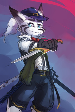 anthro belt black_belt blue_bottomwear blue_clothing blue_eyes blue_hat blue_headwear blue_pants bottomwear clothed clothing dagger facial_markings fur glistening glistening_eyes gloves green_clothing green_topwear handwear hat head_markings headgear headwear holding_dagger holding_melee_weapon holding_object holding_weapon male markings melee_weapon mouth_closed pants pupils simple_background slit_pupils solo topwear weapon wearing_hat white_body white_clothing white_fur white_topwear kuttoyaki absurd_res hi_res portrait three-quarter_portrait