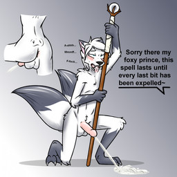 anthro anus backsack balls blush bodily_fluids butt dialogue erection feet fingers fur genital_fluids genitals hair half-closed_eyes holding_object holding_staff humanoid_genitalia humanoid_penis kneeling male male_peeing narrowed_eyes nude open_mouth peeing peeing_on_ground peeing_while_erect penis profanity saliva saliva_string simple_background solo staff tail teeth text toes tongue tongue_out urine urine_on_ground urine_pool urine_stream watersports white_body white_fur ryofox630 canid canine fox mammal 1:1 digital_media_(artwork) english_text hi_res