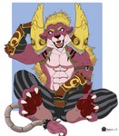 2024 abs anthro bottomwear claws clothed clothing dyna_hero_fur_hire fangs felid fur fur_hire gloves hair handwear lion looking_at_viewer male mammal marcushunter muscular muscular_anthro muscular_male open_mouth pantherine pants shoulder_pads signature sitting solo spikes tail tail_tuft teeth toe_claws topless topless_anthro topless_male tuft wide_eyed