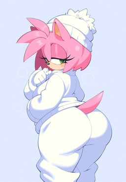 beanie big_butt bottomwear butt clothing female fur gloves green_eyes half-closed_eyes handwear hat headgear headwear legwear narrowed_eyes pants pink_body pink_fur rear_view shy solo sweater sweatpants tail topwear white_clothing white_gloves white_handwear white_hat white_headwear white_legwear white_sweater white_topwear fiinel sega sonic_the_hedgehog_(series) amy_rose eulipotyphlan hedgehog mammal absurd_res hi_res