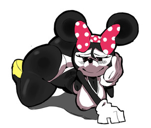 accessory anthro bent_over big_breasts big_butt black_body breasts butt clothing crop_top female footwear gloves hair_accessory hair_ribbon handwear ribbons shirt shoes solo thong topwear underwear white_body white_skin eks-out disney minnie_mouse mammal mouse murid murine rodent hi_res
