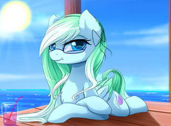 blue_eyes cutie_mark day detailed_background eyelashes eyewear feathered_wings feathers female feral fur glasses green_body green_feathers green_fur green_hair hair hooves long_hair looking_at_viewer lying nude outside piercing sky smile solo sun water wings magnaluna hasbro my_little_pony fan_character equid mammal hi_res