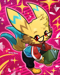 anthro book chibi eyewear fur glasses happy kemono red_eyes solo yellow_body yellow_fur blitzdrachin conditional_dnp canid canine fox mammal absurd_res hi_res