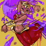 breasts brown_body brown_skin cleavage clothed clothing eyes_closed female footwear hair humanoid_pointy_ears long_hair motion_lines not_furry pointy_ears purple_hair simple_background smile solo majayrick shantae_(series) wayforward shantae genie humanoid 1:1 hi_res