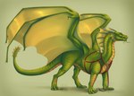absurd_res ambiguous_gender claws dragon european_mythology feral ferrety-lixciaa green_body green_scales harness hi_res horn leash membrane_(anatomy) membranous_wings mythological_creature mythological_scalie mythology quadruped scales scalie smile solo spines standing tail western_dragon wings yellow_body yellow_scales