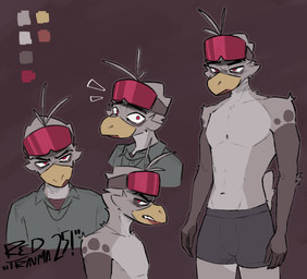 anthro beak clothed clothing eyewear eyewear_on_head goggles goggles_on_head grey_body headgear looking_at_viewer male shirt ski_goggles solo standing topless topwear underwear underwear_only redtrauma avian bird gull lari larid absurd_res hi_res