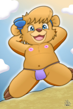 anthro barefoot bottomwear clothed clothing feet female hands_behind_head happy kneeling loincloth nipples skimpy_loincloth smile solo topless young anonymous_artist disney talespin molly_cunningham bear mammal 2:3 absurd_res hi_res